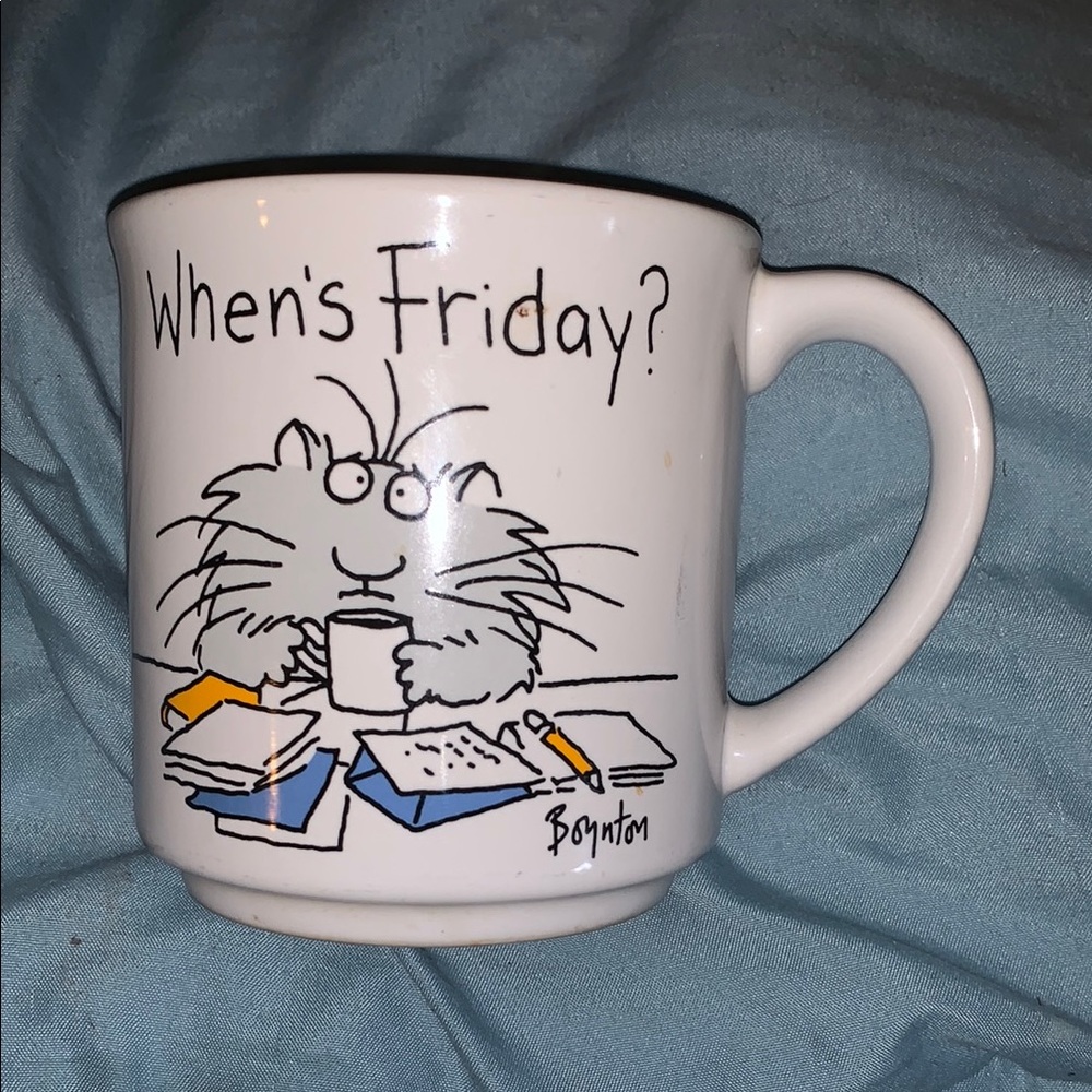 Vtg 80's Sandra Boynton When's Friday Cat Coffee Mug Office Novelty Cartoon